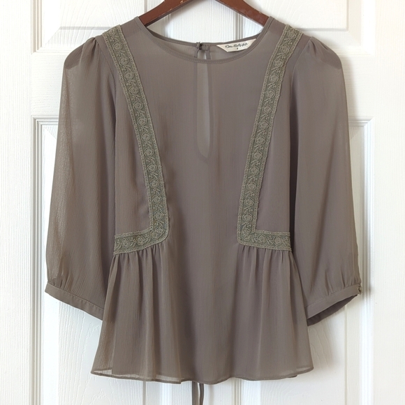 Miss Selfridge Dainty Sheer Chiffon Lace Trim Quarter Sleeve Blouse Taupe 8 - Picture 1 of 11